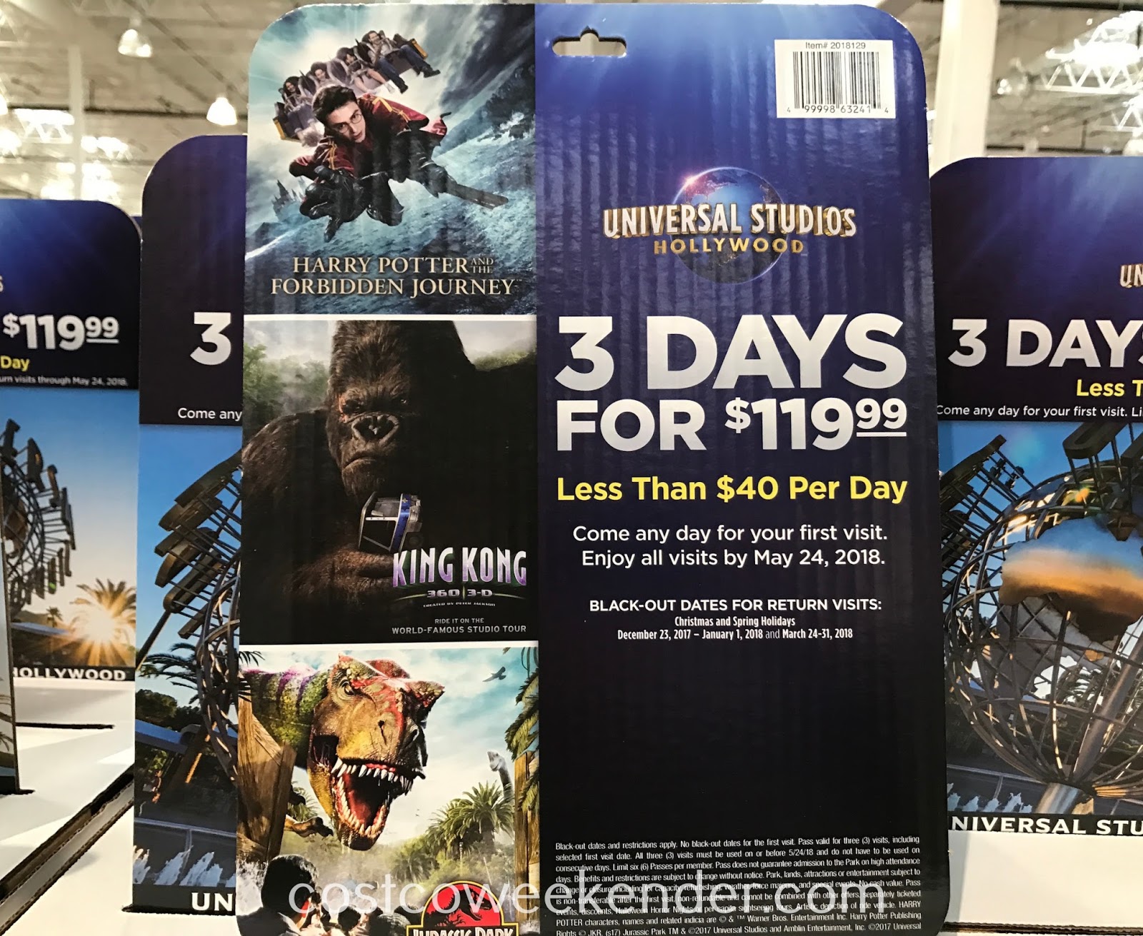 The same ticket costs $111 and $105 online. Universal Studios Hollywood 3 Day Ticket Costco Weekender